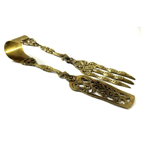 Antique Brass Ornate Serving Tongs Italian Rococo Revival Griffin Motif 8.5” - Picture 1 of 7